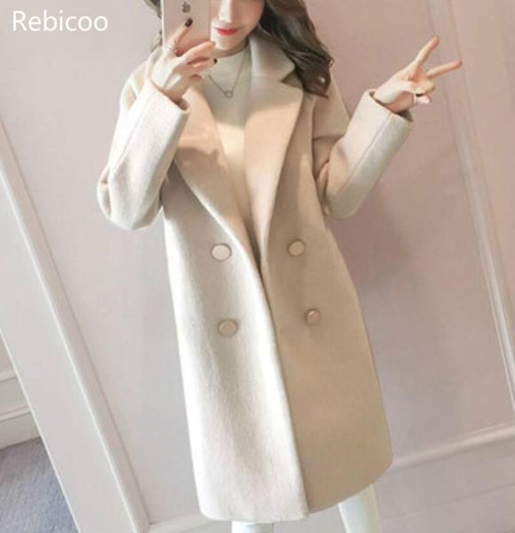 

women's wool & blends m-2xl large size multi-color woolen coat female middle long section korean thick jacket, Black