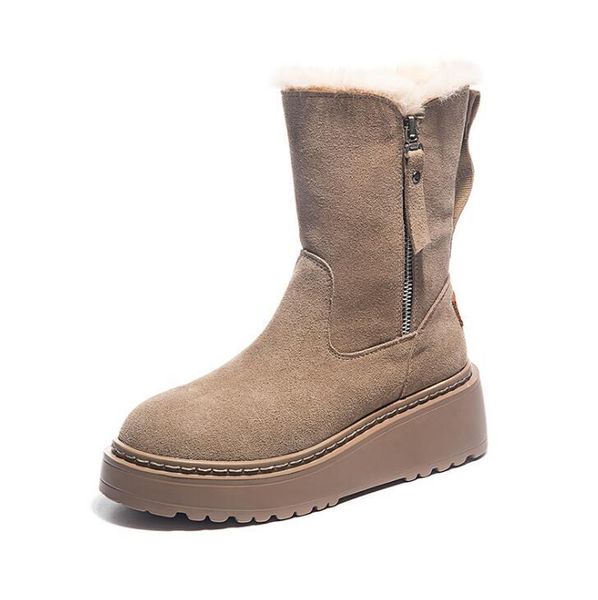 

клинья из натуральной кожи сапоги женские zip короткий плюш зимние ботинки женщин теплые женские сапоги голеностопного шитье мода черные туф, Black