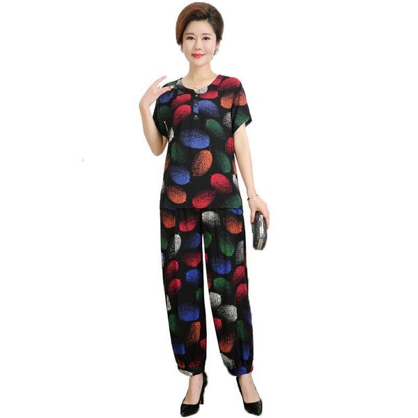 

middle-aged and elderly women's sets spring summer short sleeve t-shirt & trousers 2 pcs pants suits mom elegant home service, Gray