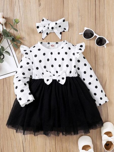 

baby polka dot bow ruffle trim mesh hem dress & headband she, Red;yellow