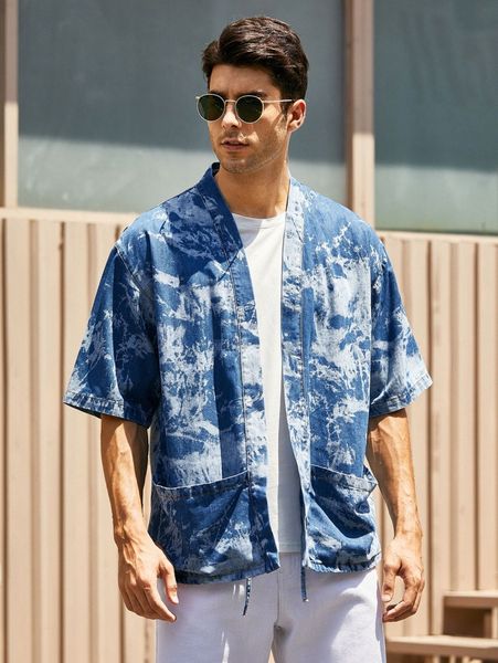 

men double pocket tie dye denim shirt 645l#, Blue