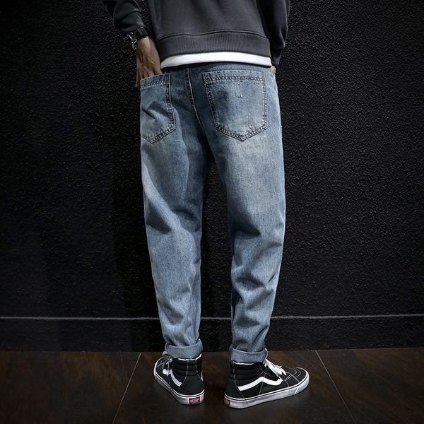 

2021 new japanese vintage fashion loose fit harem pants hombre wide leg trousers streetwear hip hop jeans men dgo4, Blue