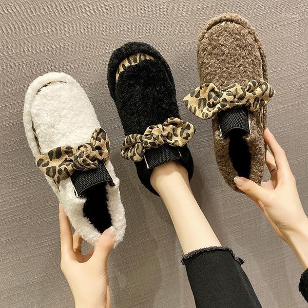 

new 2020 spring women shoes woman warm short plush snow boots bow knot leopard slip on ladies shoes female fur flat casual1, Black