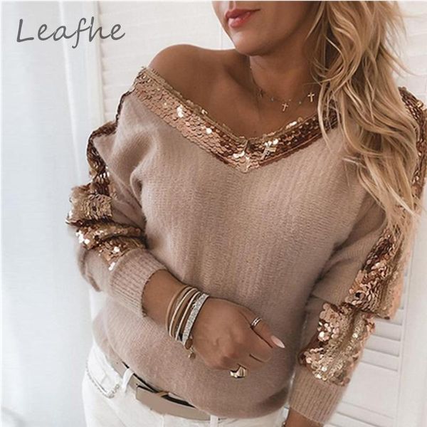 

autumn off shoulder backless knit sweaters elegant women v neck sequin patchwork sweater casual warm sweater pullovers, White;black
