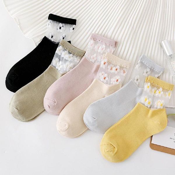 

cotton bottom short socks spring summer flowers lace socks breathable transparent mesh sheer1, Black;white