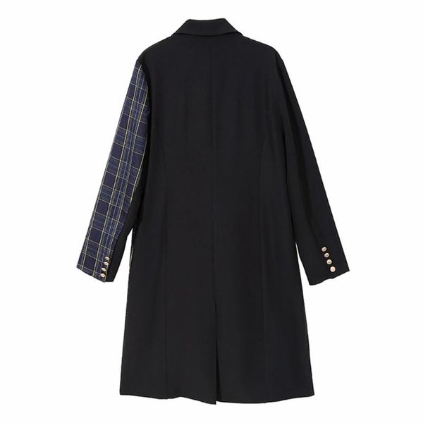 

autumn winter new cotton women's windbreaker 2021 casual turn-down collar double breasted plaid long coat loose blend outwear, Tan;black