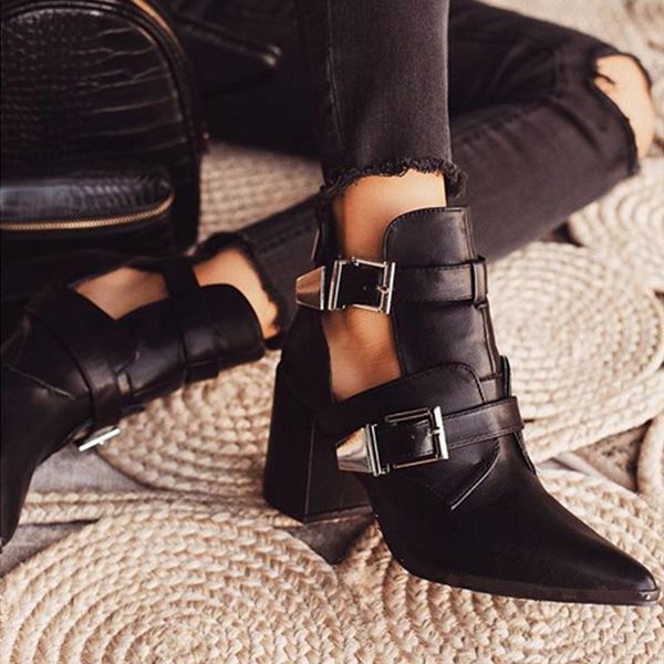 

boots perixir pu leather women pointed toe mid heel ankle thick square western cowboy botines mujer, Black