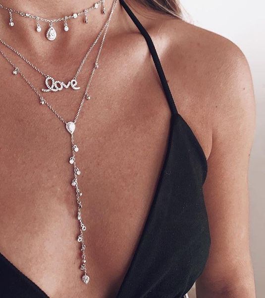 

chokers tear drop cubic zirconia cz station chain women long lariat necklace rose gold color, Golden;silver