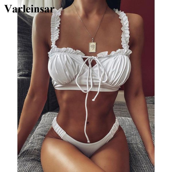 

white bikini pleated swimsuit female swimwear women two-pieces bikini set bather bandeau bathing suit swim wear v1789 y200319, White;black