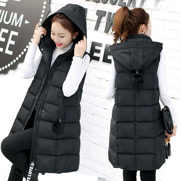

new brand winter women's jacket windproof warm long cotton waistcoat casual sleeveless hooded femme coat veste, Black