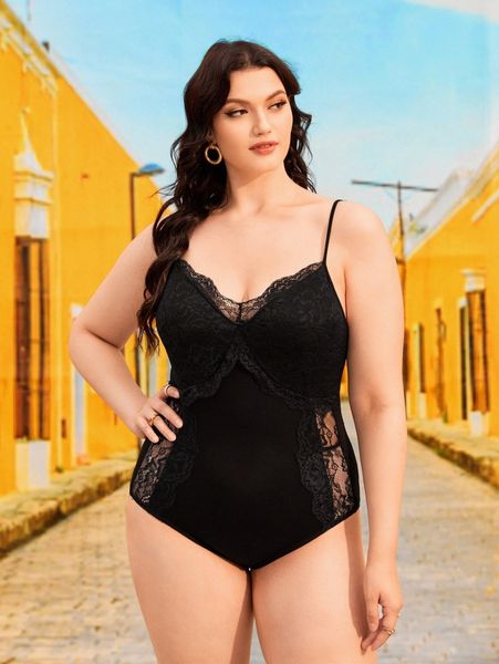 

plus frill trim backless lace cami bodysuit o97v#, Black