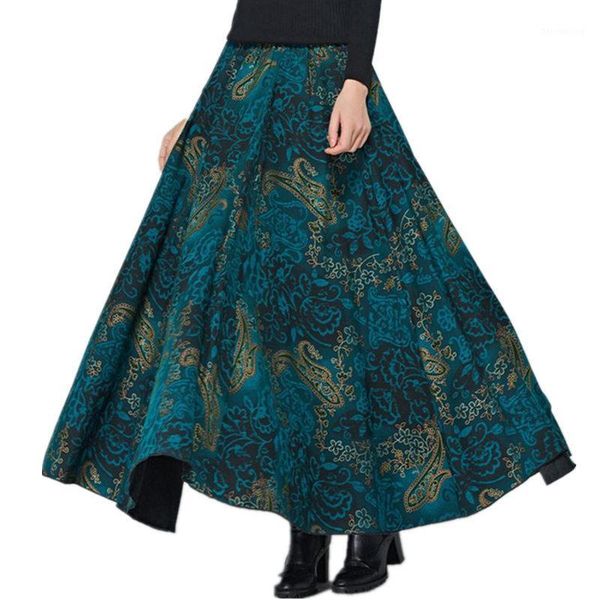 

vintage wool skirts womens high waist jupe femme print flower long skirt faldas autumn winter maxi warm woolen pleated skirt z791, Black