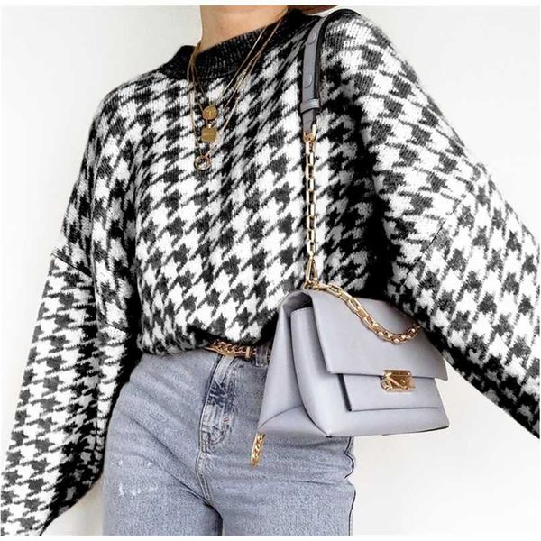 

women casual houndstooth lady pullover sweater female autumn winter retro jumper women geometric blue knitted sweater femme 211221, White;black