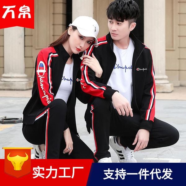 

2020 spring new style sports set hoodie running casual sports clothing set men and women couple clothes three-piece, White;red