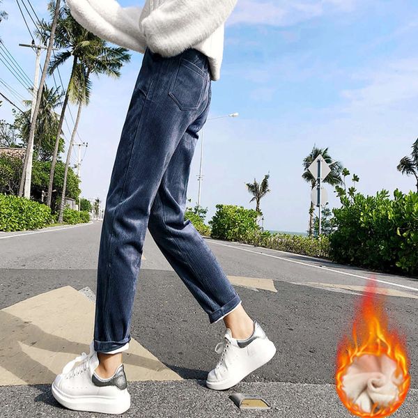 

nine point corduroy women's plush and thickened korean slim high waist harem with veet new casual suit pants for women, Black;white