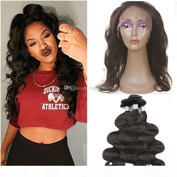 

brazilian body wave 3 bundles with 360 lace frontal unprocessed brazilian virgin human hair weave with 360 lace frontal closure with bundles, Black;brown