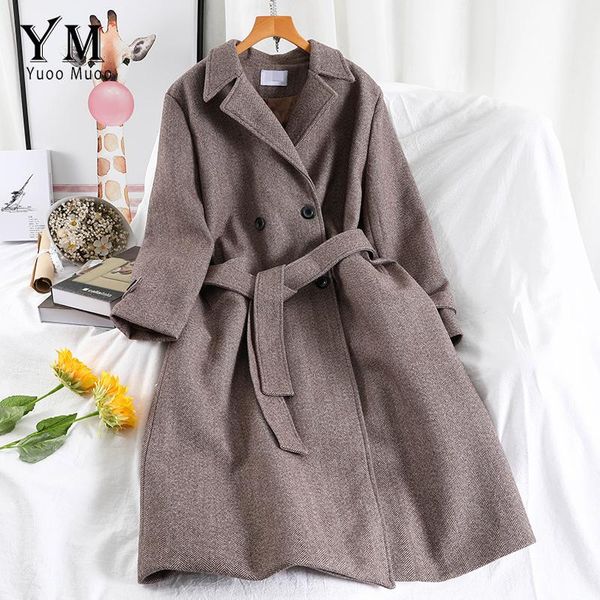 

women's wool & blends yuoomuoo brand fashion winter coat women warm cotton-padded long jacket elegant vintage with belt ladies overcoat, Black