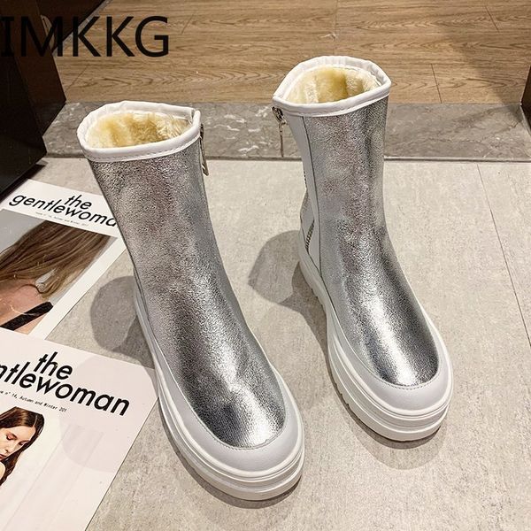 

2020 winter ankle boots women high platform shoes fashion glitter leather silver short boots women black warm plush snow