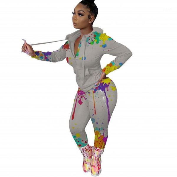

splash ink graffiti print fitness tracksuit women hooded long sleeve slim and bodycon trousers active wear two piece outfit1, Gray