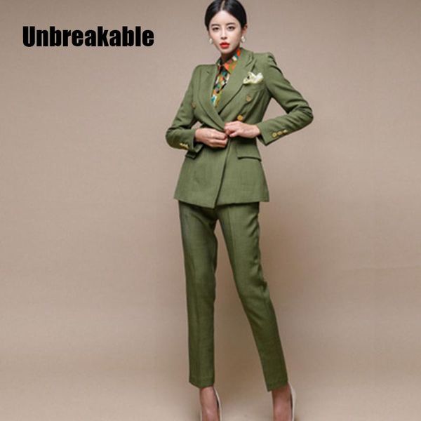 

2021 fashion green women blazer double-breasted slim jacket & pencil pant women pant suit ladies work suit female 2 piece set, White