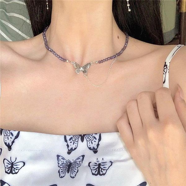 

chokers huanzhi korean purple transparent bead butterfly choker clavicle chain necklace for women girls party accessory, Golden;silver