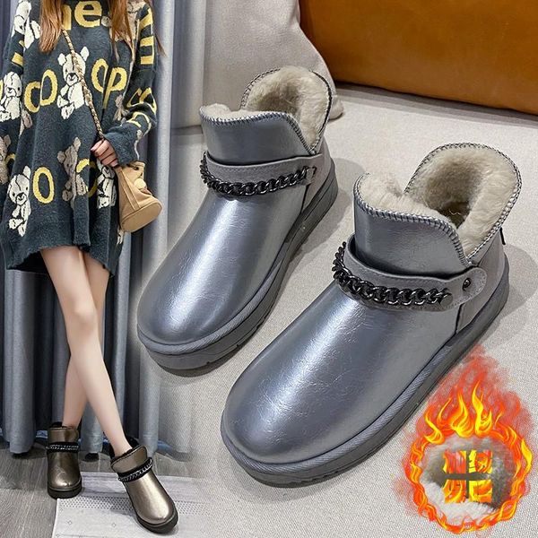 

warm plush winter boots new solid black fashion short ankle boots women shoes woman leather chain rivet women botas mujer