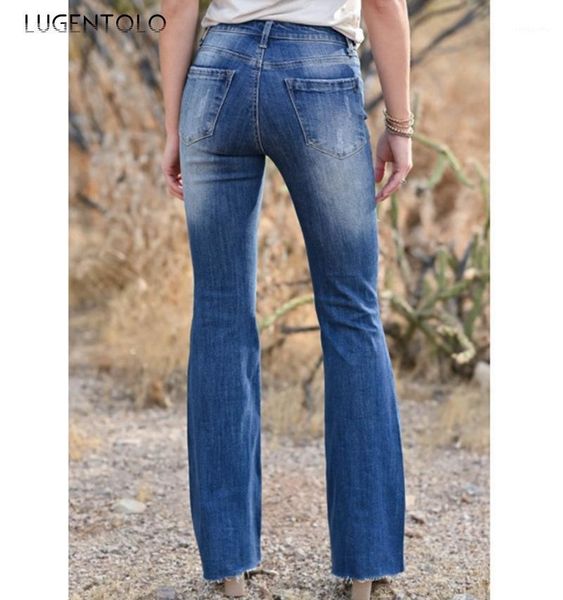 

lugemtolo women jeans casual holes slim stretch fashion ripped bleached mid-waist pants straight lady long jeans1, Blue