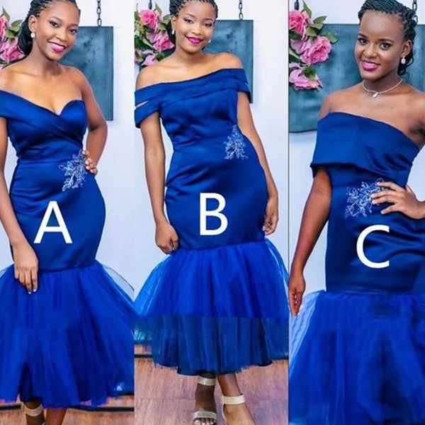 Royal Blue Drawsmaid Vestidos 2022 Sereia Barco Pescoço / Um Ombro / Strapless Chá-Comprimento Cetim Vestidos De Festa de Casamento para Meninas Negras