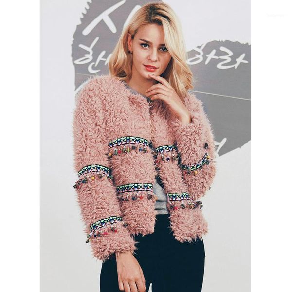 

zadorin 2018 winter boho faux lambs wool fringe jacket women coat plus size short pink white fuzzy jacket vintage warm outerwear1, Black;brown