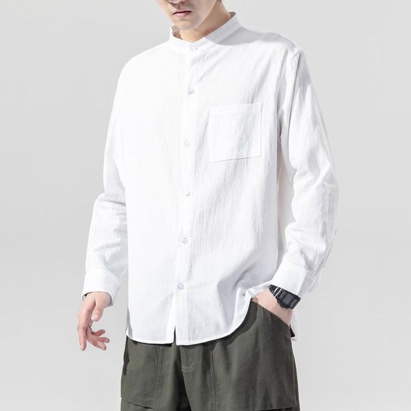 

summer men's japanese fashion oversized linen long sleeve shirt casual solid men's button up shirt, White;black