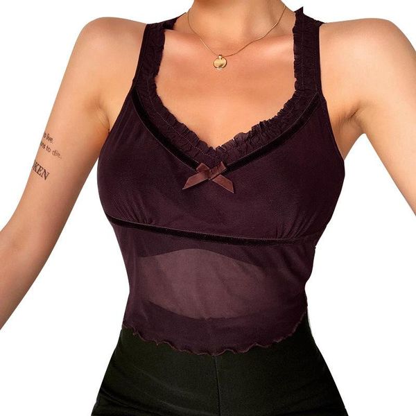 

женская перспектива mesh vest рукавов кружева шеи катаные top summer daily bow жилеты без рукавов top, White