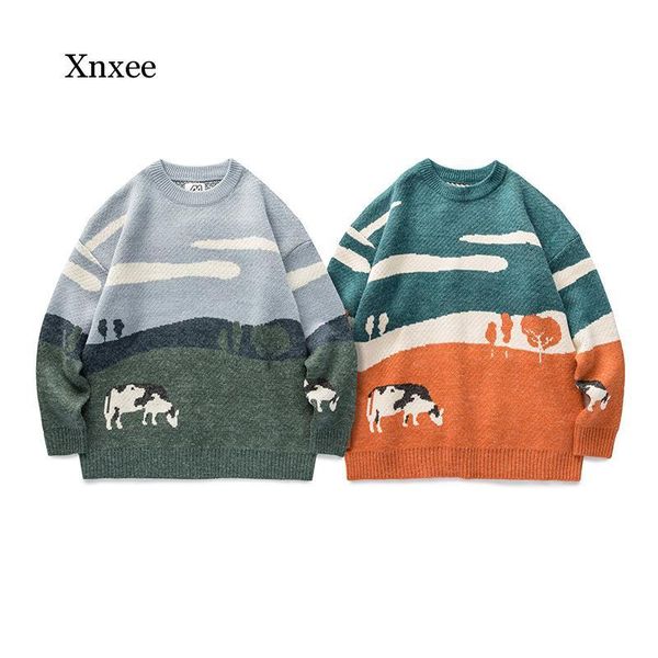

men/women cows vintage winter sweaters pullover mens o-neck korean fashions sweater women casual harajuku highstreet clothes top, White;black