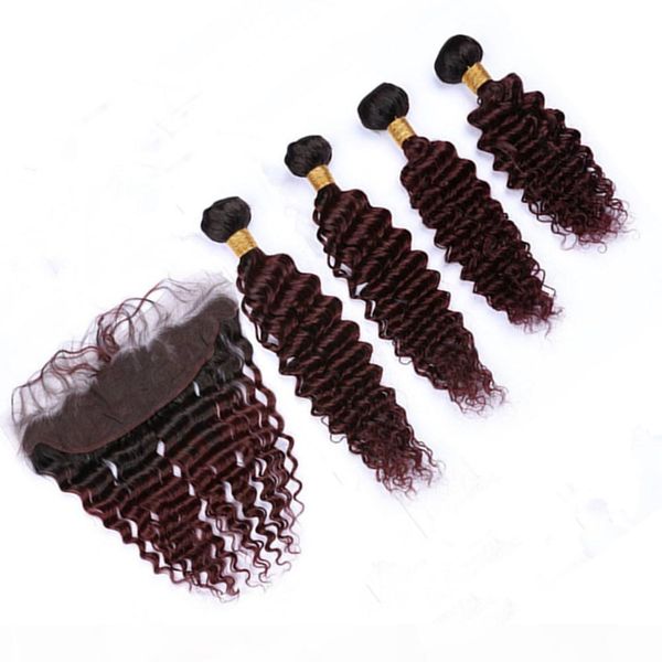 

wine red ombre deep wave human hair lace frontal 13x4" with 4bundles #1b 99j burgundy ombre peruvian virgin hair weaves with frontal cl, Black;brown