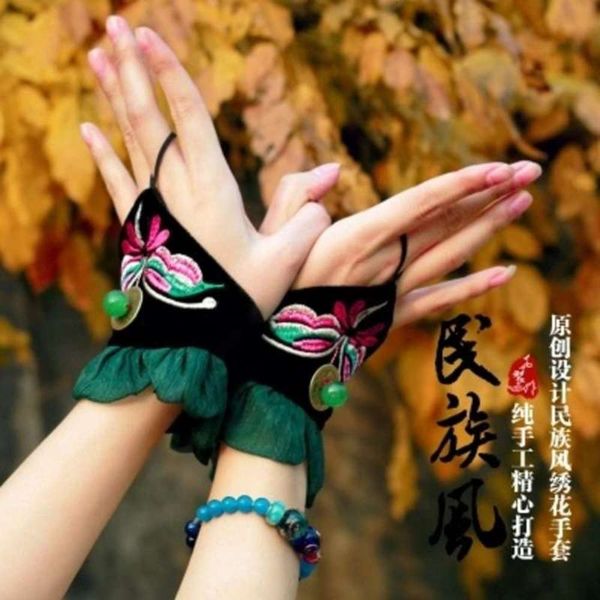 

style women' 6113 handmade versatile national gloves half finger gloves copper coins jade beads embroidered accessories gloves, Blue;gray