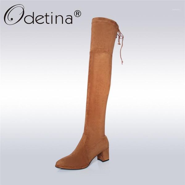 

odetina new genuine leather women over the knee boots pointed toe suede thigh high boots chunky block heel plus size 33-421, Black