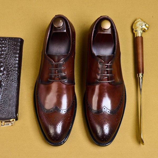 

full genuine leather brogue shoes for men brand oxford men's shoes fashion new luxury dress wedding paty formal a160, Black