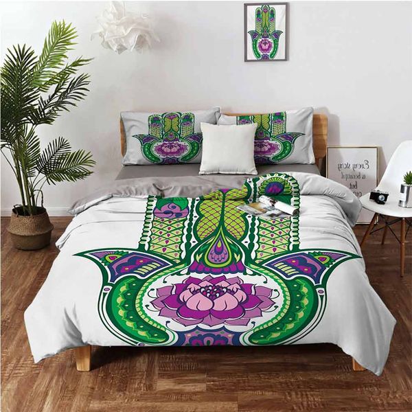 

nature theme ancient hamsa hand with lotus flower motif in the palm tribal graphicbedding 3-piece set