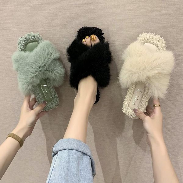 

women fluffy slippers shoes woman cross belt fur slippers home slides ladies furry ladies sweet cute home indoor flip flops x1020, Black