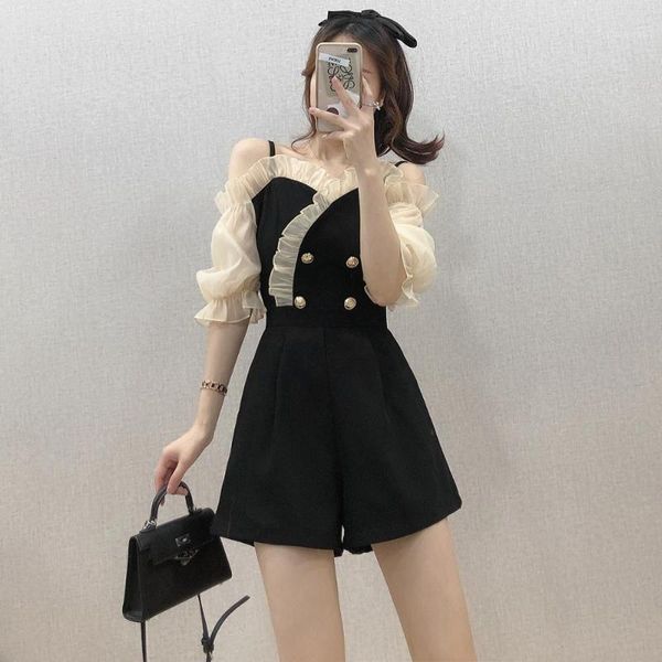 

french ruffles double-breasted strapless spaghetti jumpsuit women 2020 new summer jumpsuit wide-leg shorts1, Black;white