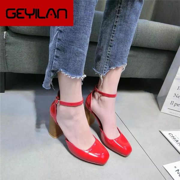 

new spring fashion women's high heels square heel patent leather head mary jane shoes solid simple toe cap female pumps u22-23, Black