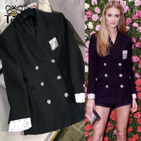

tingfly designer runway crystal button women blazers coat double breasted black vs white suit overcoat autumn winter outerwear1, White;black