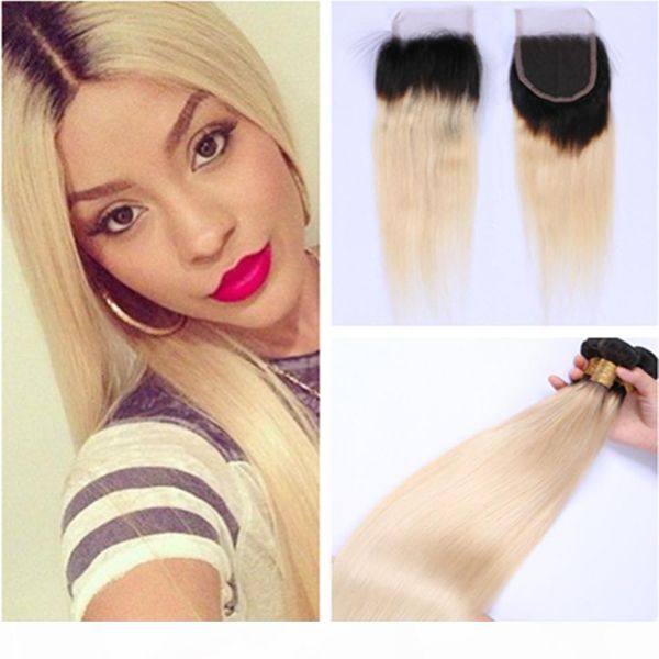 

#1b 613 dark root blonde ombre 4x4 lace front closure piece with 3bundles straight ombre blonde malaysian virgin human hair weaves, Black;brown