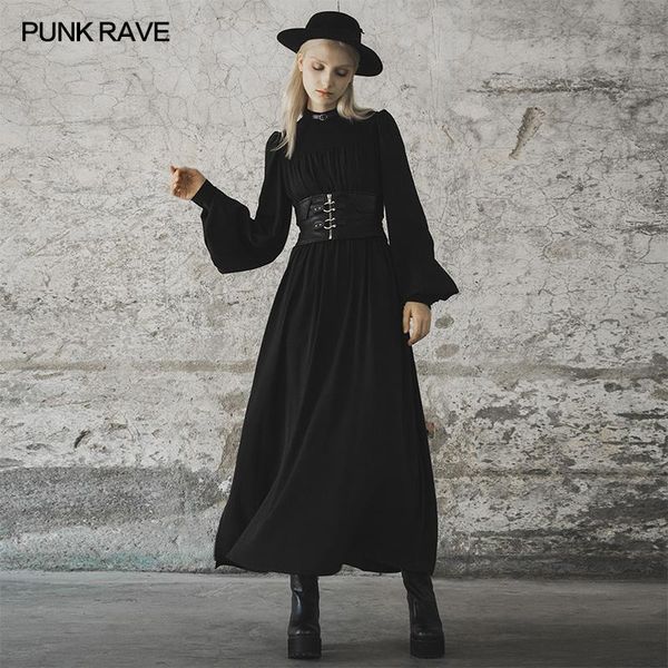 

punk rave women's gothic daily dark spliced temperament lantern sleeve long dress inner short skirt party club women dress, Black;gray