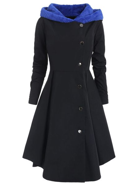 

wipalo winter plus size asymmetric fleece contrast hooded skirted women coat single breasted color block long outwear coatsx1020, Black
