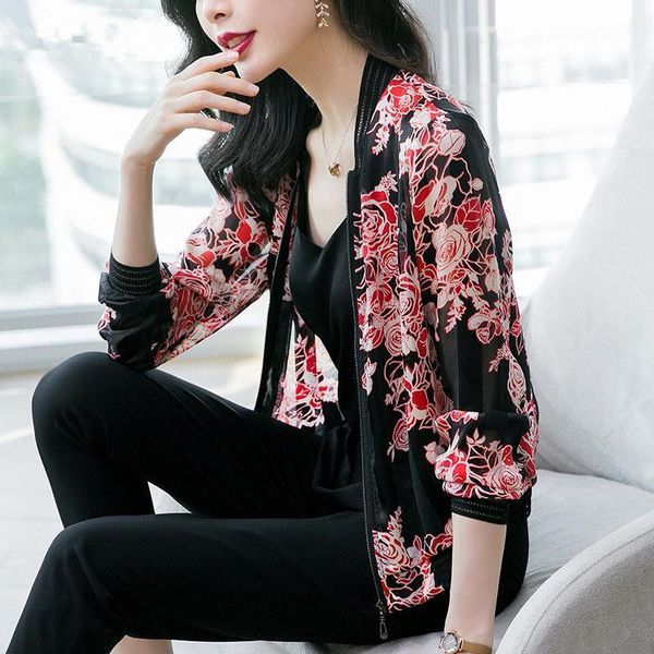 

2020 spring autumn middle age women bomber baseball floral print jacket female sun protect zipper long sleeve coat outwear t821, Black;brown