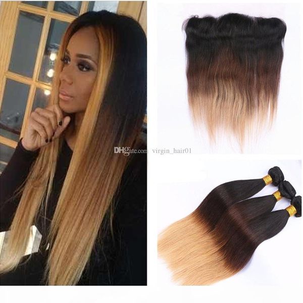 

1b 4 27 straight honey blonde lace frontal with bundles brown blonde 3bundles with lace frontal closure three tone hair with lace frontal, Black;brown