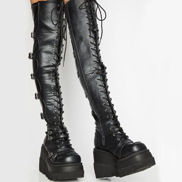 

brand design big size 43 shoelaces cosplay motorcycles boots buckles platform wedges high heels thigh high boots women shoes, Black