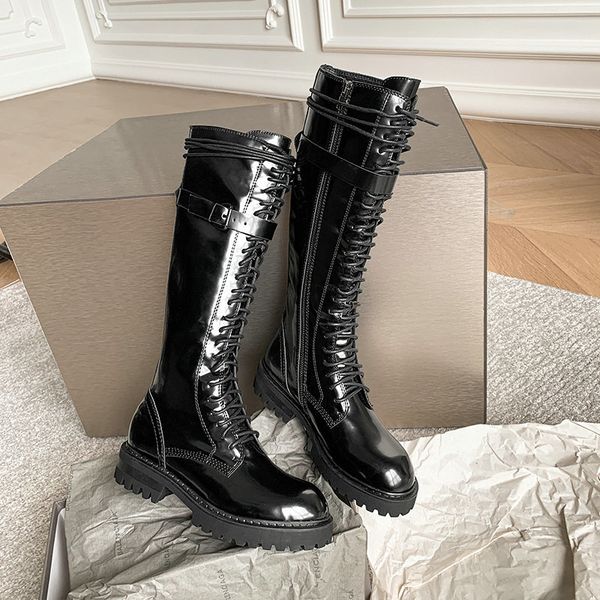 

2021 new women patent leather knee high autumn winter boots party woman shoes side 5jaw, Black