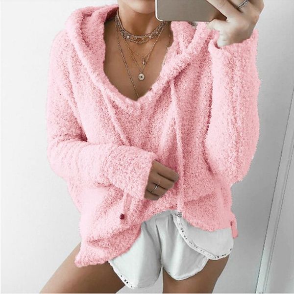 

2020 autumn women casual mohair hooded pullovers v neck fleece hoodies fashion sweet loose warm winter mohair, Black