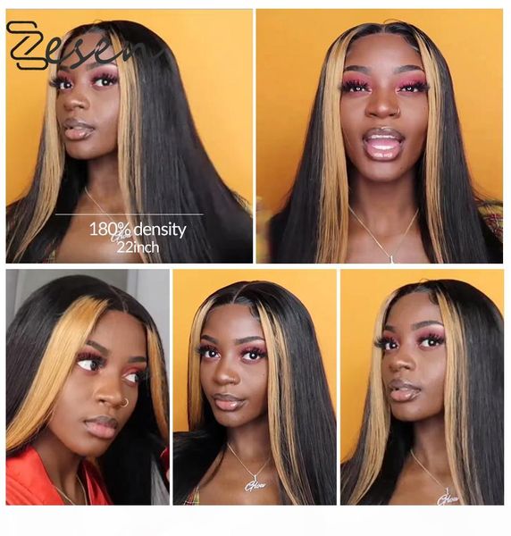 

zesen 13*4lace front wigs two tone ombre color straight long high temperature heat fiber hair for black woman